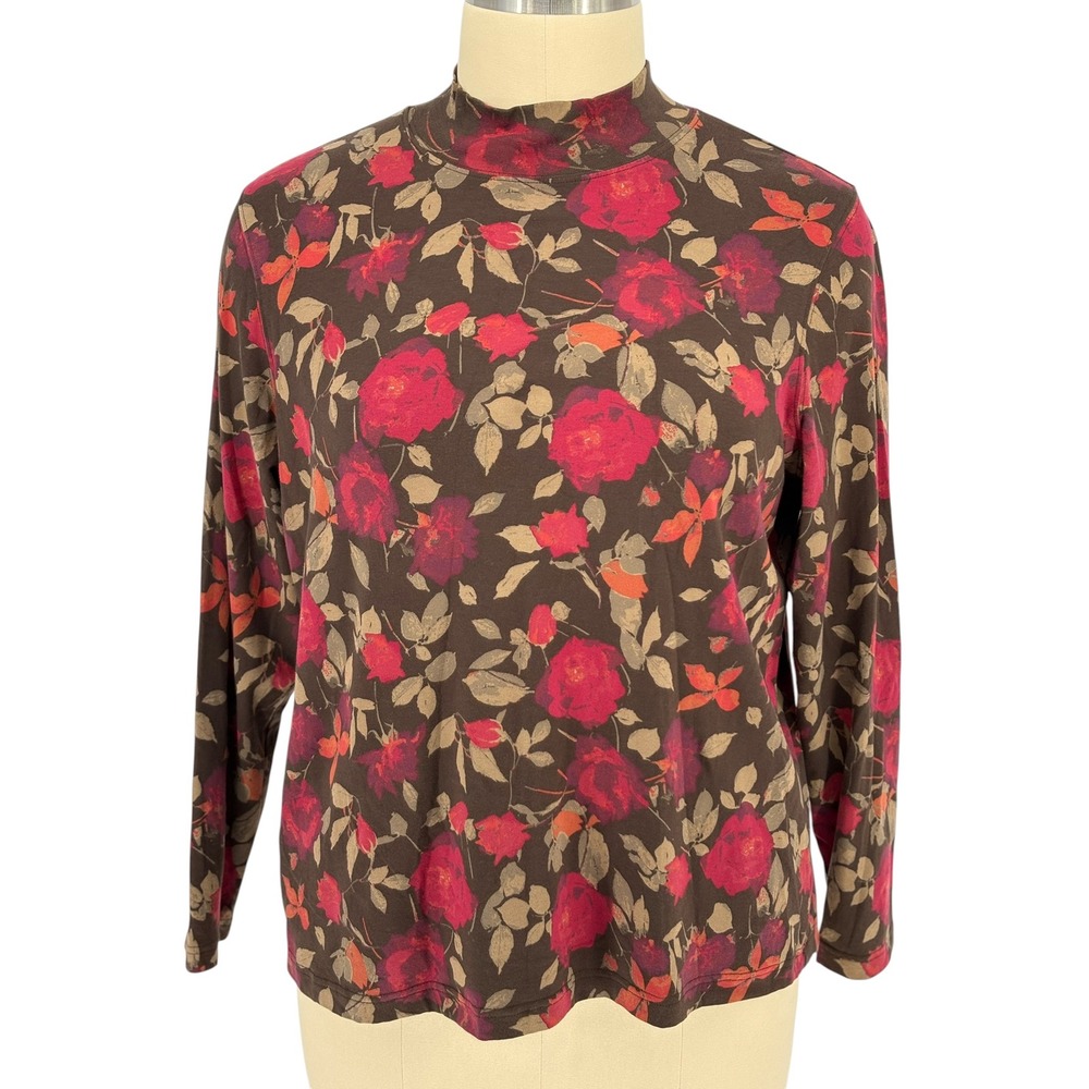Croft & Barrow Floral Mock Neck Top Brown Red Stretch 2X